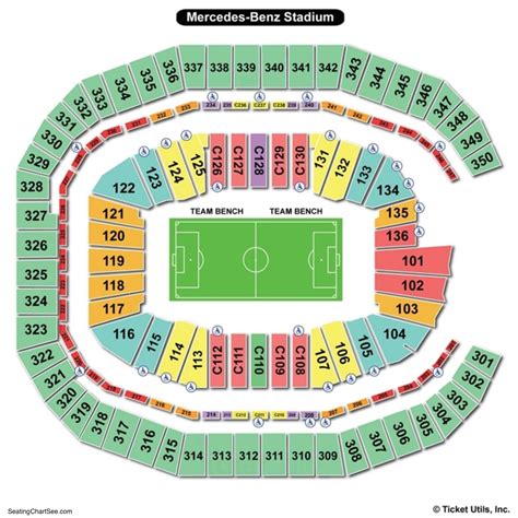 Full Mercedes-Benz Stadium Seating Guide. Rows in Section 345 are labeled 1-26. An entrance to this section is located at Row 4. Rows 1-3 have 12 seats labeled 1-12. Rows 4-7 have 20 seats labeled 1-20. Rows 8-25 have 25 seats labeled 1-25. Row 26 has 28 seats labeled 1-28. All Seat Numbers.. 