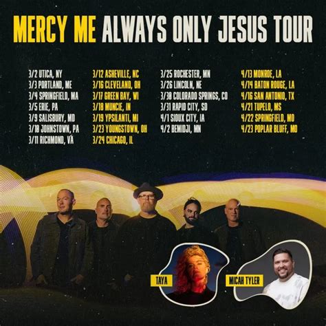 Mercy me concert playlist 2023. For the first time ever, three of the biggest names in Christian music - TobyMac, MercyMe, and Zach Williams - are teaming up for an unforgettable concert tour. With chart-topping hits, passionate lyrics, and a commitment to spreading God's love through music, TobyMac, MercyMe, and Zach Williams take the stage to perform fan favorites and ... 