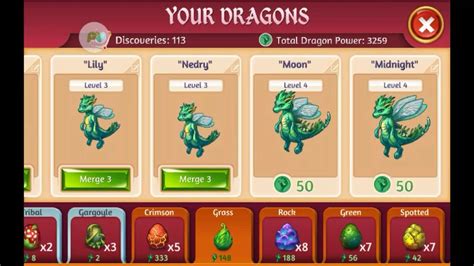 Merge dragons levels with grass. A level which is initially tight on space at the start. Move the uppermost free Emerald Plains Grass down one space to merge a group of 7. Tap any floating Dragon Tree Leaf and move it to the small island at the lower right to unlock some clouds. Tap more leaves and merge 3 to make a Dragon Tree Sapling. Merge the Dragon Tree Sapling with two at … 