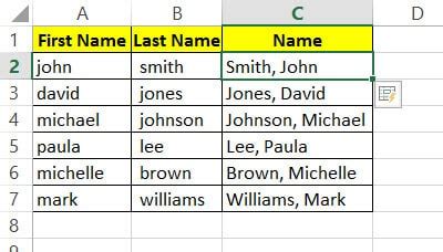 Merge first and last name in excel