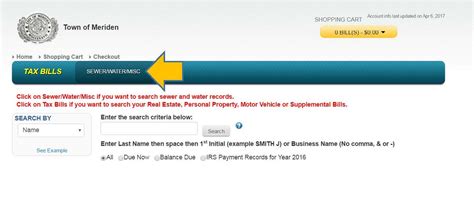 Meriden taxes search and pay. Click on Tax Bills if you want to search your Real Estate, Personal Property, Motor Vehicle or Supplemental Bills. Search By. see example. Enter the search criteria below: Enter Last Name then space then 1st Initial (example SMITH J) or Business Name (No comma) -. - -. 