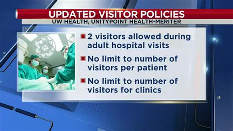 24/7. Inpatient and ICU. 2 visitors in semi-private or isolation rooms. 4 visitors in private rooms. 1 overnight visitor may be permitted in semi-private rooms based on comfort level and privacy interest of both patients. Visitors may swap in and out, not to exceed maximum number allowed. Minimum 9am to 9pm per day.