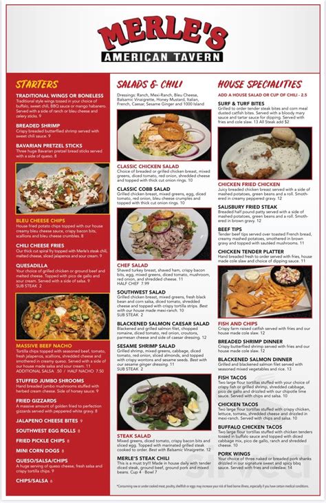 Merle's american tavern menu. Apr 23, 2024 · Merle's American Tavern, Peculiar, Missouri. 4,871 likes · 38 talking about this · 6,034 were here. A friendly locally owned restaurant. Great food, lots of televisions and great staff! 