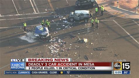 Mesa az car accident today. PHOENIX — Two people were killed and another was seriously injured in a head-on collision in south Chandler on Thursday night, authorities said. Deputies responded a crash report near Hunt ... 