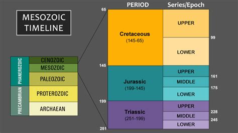 The Mesozoic Era. The Mesozoic Era is commonly subdivided into three geologic periods: . Triassic (252 to 201.3 million years ago) Jurassic (201.3 to 145 million years ago) Cretaceous (145 to 66 .... 