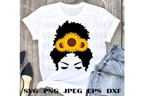 Messy Bun svg, Sunflower svg, Curly Hair, Black Woman svg