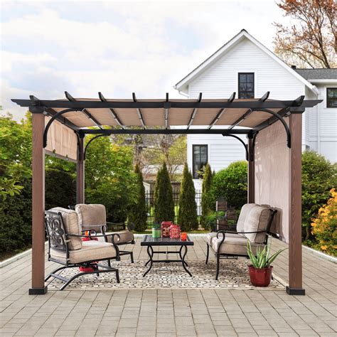 Metal pergola with roof. Metal pergola can blend with different decorative styles to create different feelings. It is the best choice for your outdoor activities. Opens in a new tab. Quickview. Sale +1 Color Available in 2 Colors. Metal 11.4 Ft. W X 11.4 Ft. D ... The awning roof of the pergola provides coverage for an area of 64 sq. ft., offering protection against ... 