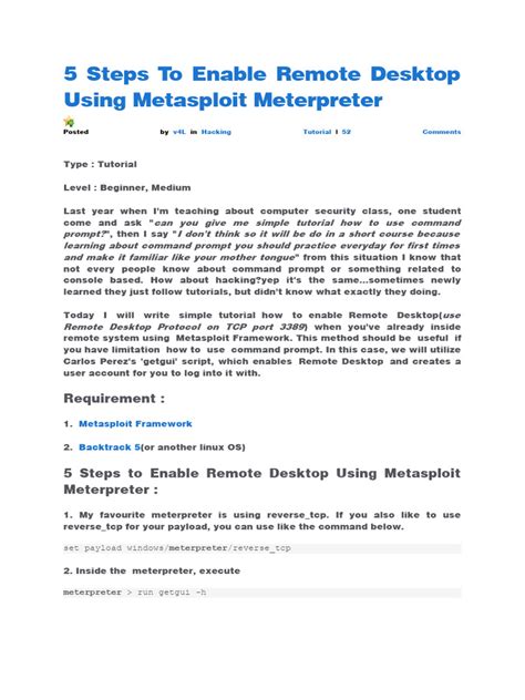 Metasploit remote desktop.  This module enables the Remote Desktop Service (RDP).  In th...