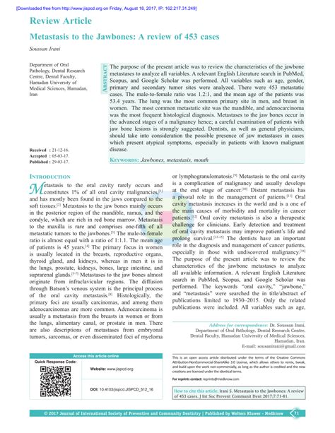 Metastasis to the Jawbones: A review of 453 cases - PubMed