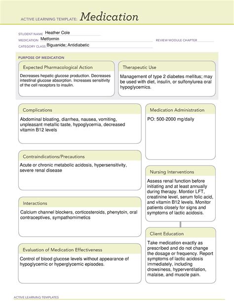 Med card active learning template: medication student name insulin lispro medication review module chapter hormones category class antidiabetics, purpose of ... STUDENT NAME _____ MEDICATION _____ REVIEW MODULE CHAPTER _____ CATEGORY CLASS _____ ACTIVE LEARNING TEMPLATE: PURPOSE OF MEDICATION. Expected Pharmacological Action. Complications .... 