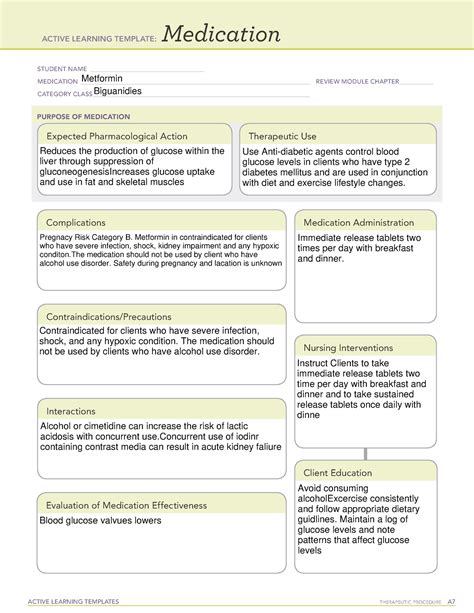 Metformin medication template; Related documents. Megnesium sulfate medication template; Furosemide medication template; CVA system disorder template; Croup system disorder template; Skill check off Urinal; Skill Bed pan check off; Preview text. ACTIVE LEARNING TEMPLATES THERAPEUTIC PROCEDURE A.. 