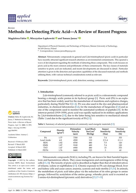 Methods for Detecting Picric Acid—A Review of Recent Progress