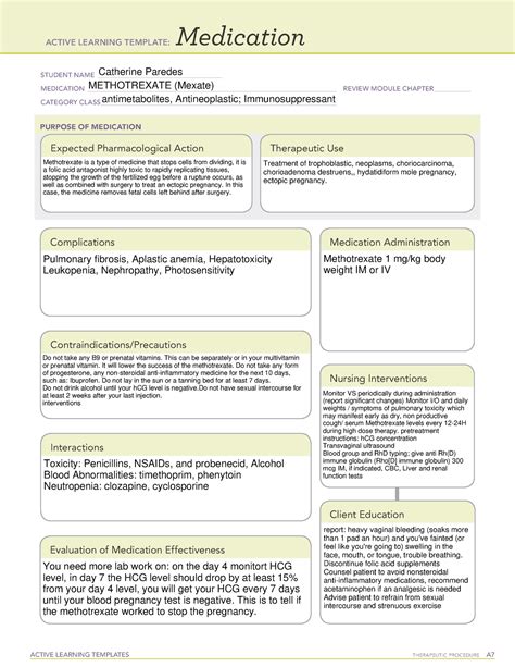 Methotrexate ati template. View methotrexate.pdf from ATI NR293 at Chamberlain College of Nursing. ACTIVE LEARNING TEMPLATE: Medication STUDENT NAME_ methotrexate MEDICATION_ … 