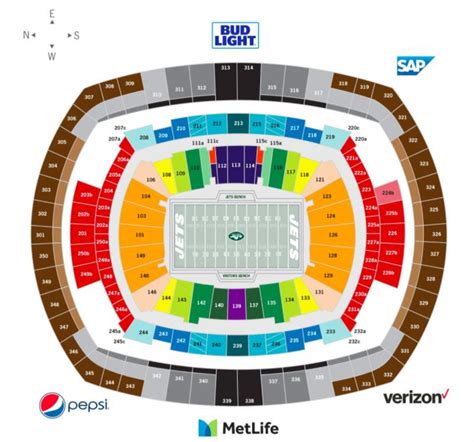 General Seating Bowl Plaza Level: MetLife West Hall near sections 134 and 143 100 Concourse: near sections 104, 108, 118, 123, 128, and 149 ... MetLife Stadium, the Giants and Jets reserve the right to revoke the season tickets and Personal Seat License of those individuals whose conduct is determined inappropriate as defined by the Guest Code ...