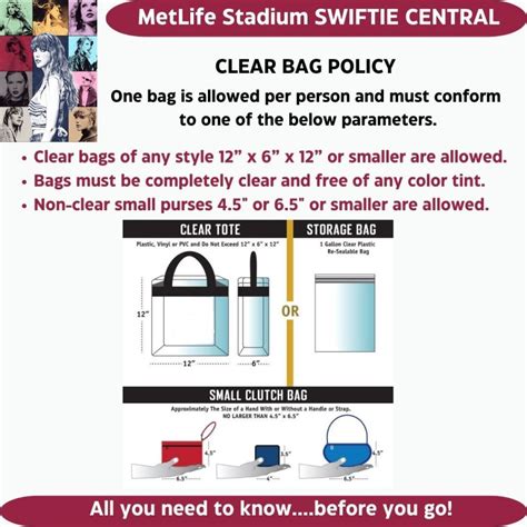 Metlife taylor swift bag policy. Taylor Swift’s Eras Tour, which started March 17 and runs through August 9, comes to MetLife Stadium in East Rutherford Friday, May 26. Two other MetLife shows will follow, on Saturday, May 27 ... 