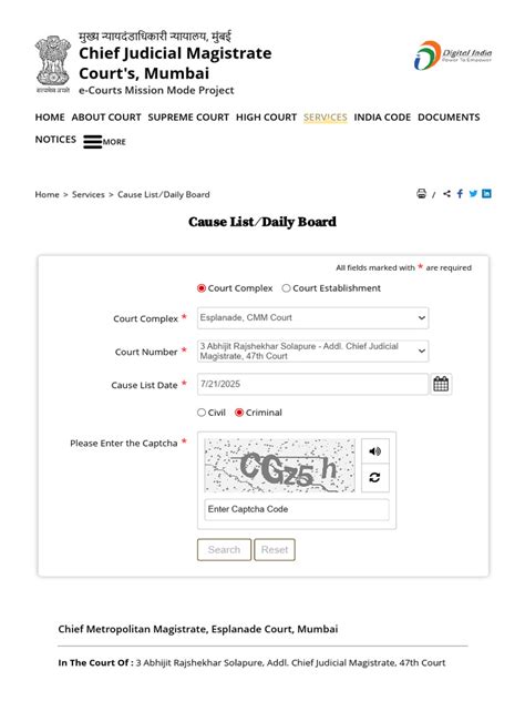 Metropolitan magistrate court cause list.  Provides Case information fro...