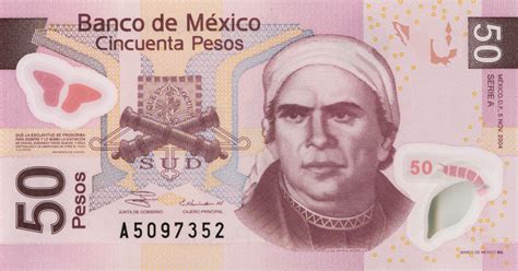 Type. G. Size. 146 X 65 mm. Material. Cotton paper. Obverse. The image, which represents the Liberal Reform and the Restoration of the Republic, is depicted with an image of President Benito Juárez (1806-1972), who issued the Laws of Reform with the support of radical liberals. Because of his defense of human liberties, an example for other ...