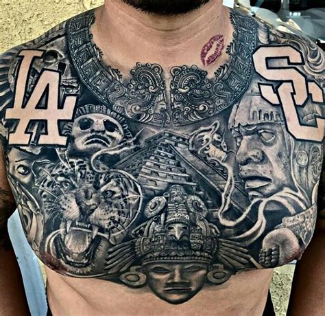 Mexican aztec chest tattoo. An Aztec serpent tattoo is a powerful and meaningful way to connect with the spiritual energy and symbolism of the Aztec people, as well as a way to express oneself through body art. 10. Aztec lion tattoo. An Aztec lion tattoo is a powerful and bold symbol representing strength, courage, and royalty in Aztec culture. 