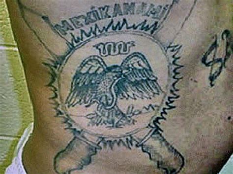 Mexikanemi tattoos. Mexikanemi. Mexikanemi is a gang known as the Texas Mexican Mafia, formed in the early 1980s in the Texan penal systems. It functions separately from the original California Mexican Mafia, and members consider themselves primarily tied to the area of Aztlán, formerly Mexican territories in the south western United States. 
