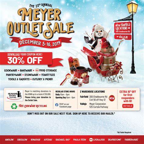 THE 27TH ANNUAL MEYER COOKWARE OUTLET SALE BEGINS ON NOVEMBER 30TH Exclusive Savings and Special Offers on Top Brand Cookware and More at Meyer Outlet Sale in Vallejo and Fairfield VALLEJO, Calif., Nov. 16, 2023 /PRNewswire/ -- WHAT: Now in its 27th year, the widely popular Meyer Cookware Outlet Sale at Bay Area, California-based Meyer Corporation, U.S.... 