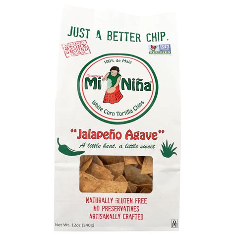 Mi nina chips. Mi nina's white corn tortilla chips with sea salt are naturally gluten-free, non-gmo and use real, certified kosher sea salt. Our 12 oz. Bag has 130 calories and is free of preservatives. We cook whole-grain corn with water and lime and we use hand-carved volcanic stones to grind the corn mixture - a process known as … 