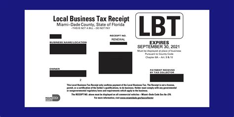 Miami dade business tax receipt. The local business tax receipt must prominently be displayed at your place of business, in open view to the public, and subject to inspection by Miami-Dade County. The County issues local business tax receipts for one year, beginning October 1 … 