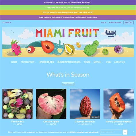 Miami Fruit is a Miami Based fruit hub created to make tropical fruits accessible to people all over America. We ship the highest quality fruit to your door! Use code FREE for free shipping! Your Cart. Subtotal. $0.00. $0.00. Taxes and shipping calculated at checkout Place your order.
