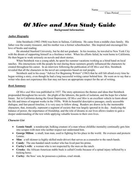 Mice and men whole study guide answers. - Sentimientos básicos de la vida humana.