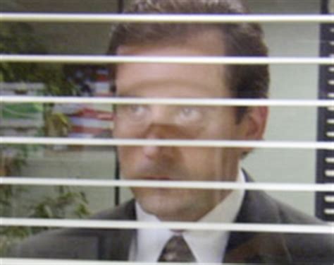 Michael scott looking through blinds. 'Now you may look around and see two groups here: white-collar and blue-collar. But I don't see it that way, and you know why not? Because I am collar blind.... 