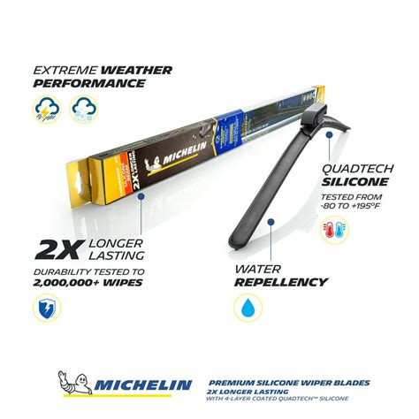MICHELIN® Endurance XT Silicone Wiper Blades with QuadTech™ 4-layer Coated Silicone lasts 2X Longer than other wipers. . 