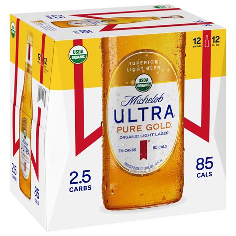 Michelob ultra gold. Superior light beer. 2.5 carbs. 85 cals. USDA Organic. Certified Organic by OTCO. Enjoy responsibly. Organic by nature. Brewed with organic grains from the ... 