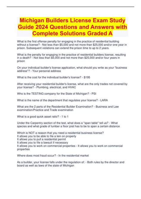Michigan Builders License Exam Study Guide Questions And Answers