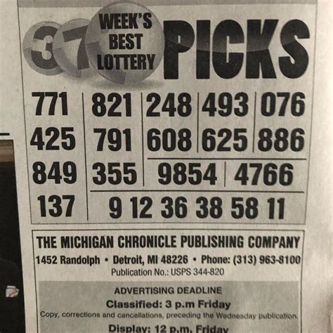 Michigan chronicle lottery numbers. Subsequently, the Michigan Chronicle — then the Detroit Chronicle — was born. The first editor was Louis Martin, since Harper was needed back in Chicago. Martin, who had joined the Defender in 1934 and earned $15 a week, was given a $5 raise, $10 in cash and a one-way bus ticket to Detroit. Sengstacke explained the whys and wherefores of ... 