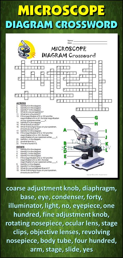 Microscope parts crossword. Crossword puzzle microscope. Magnification. Click the card to flip 👆. Refers to the power of a microscope, multiplying the power on the objective by the power on the eypiece. Click the card to flip 👆. 1 / 20. 