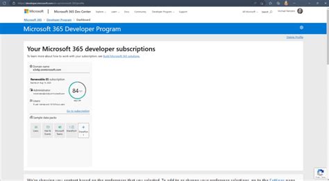 Microsoft 365 developer program dashboard.  If you use your subscription for valid deve...