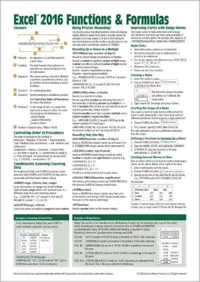 Microsoft Excel 2016 Functions & Formulas Quick Reference Card
