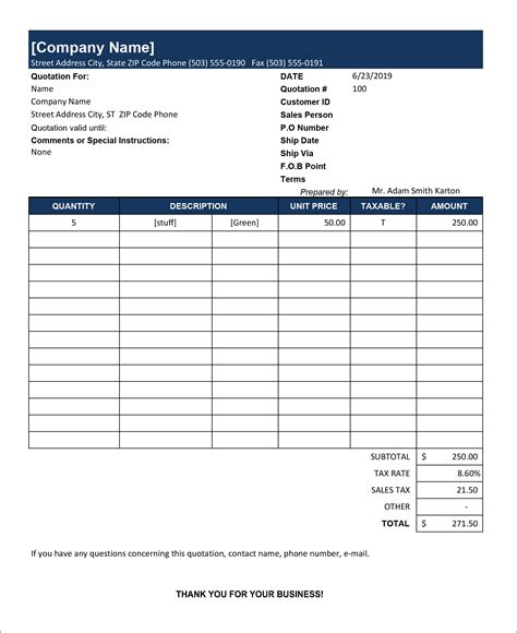 Microsoft Excel Quote Template Database