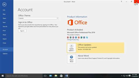 Microsoft Office 2016 open