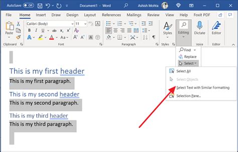 Microsoft Office Word How to Select Text with Similar Formatting