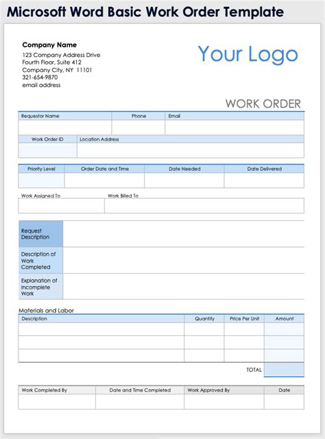 Microsoft Word Work Order Template