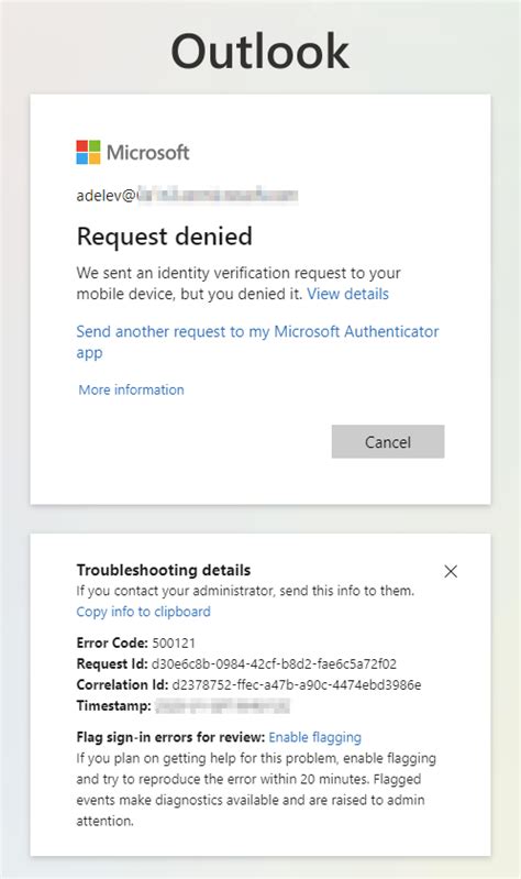 Microsoft authenticator app error code 500121