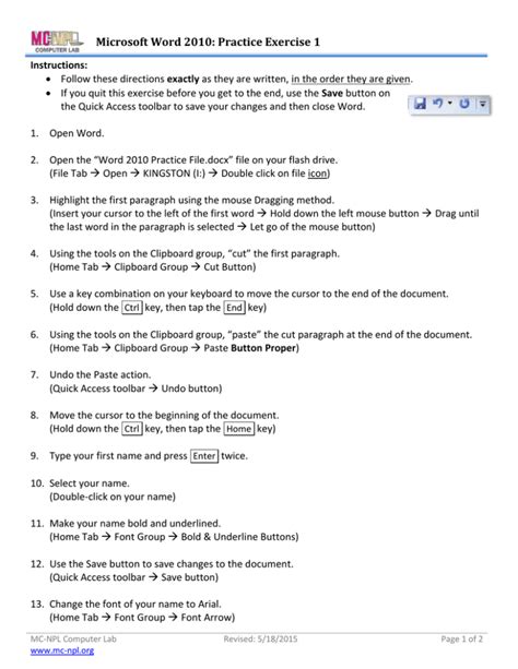 Microsoft word 2010 practice exercises pdf.  It lists 19 tasks to comp...