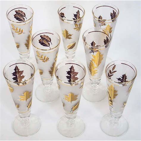 Mid Century Libbey Golden Foliage Pilsners & Caddy. Set 9pc