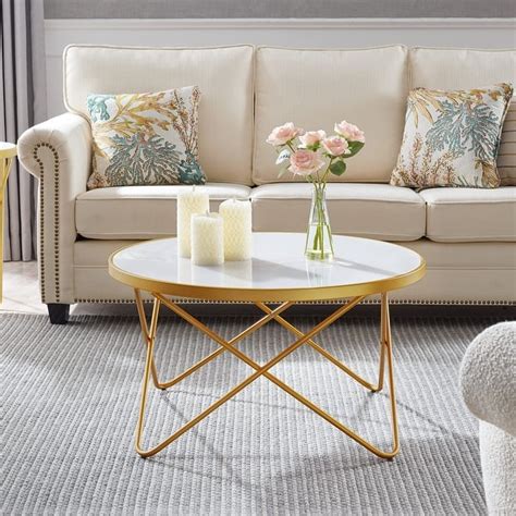 Mid Century Modern Round Gold Coffee Table with White Glass