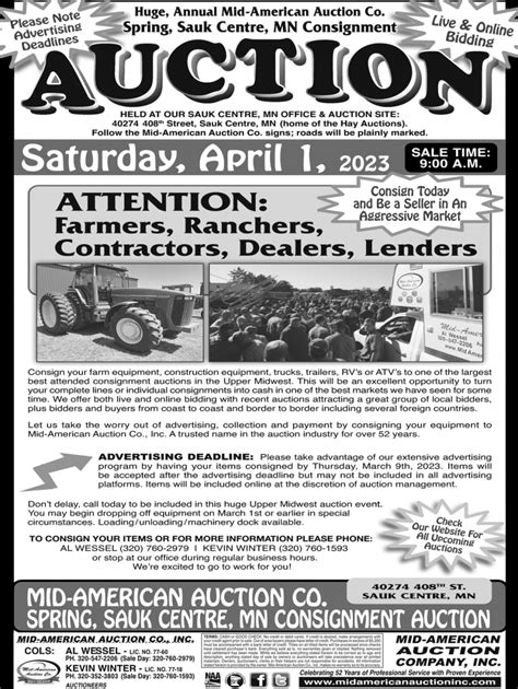 Large Absolute Online Only Farm and Cast-Iron Toy Auction. Approx. 500+ Lots. Wilmer J. Heide Collection Mountain Lake MN. Starts March 23 6pm Ends April 4 6pm. Inspection Date: April 3 9am-4pm Load. ... Mid American Auction Inc. (320) 760-2979 Catalog Terms of sale. Search Catalog : .... 