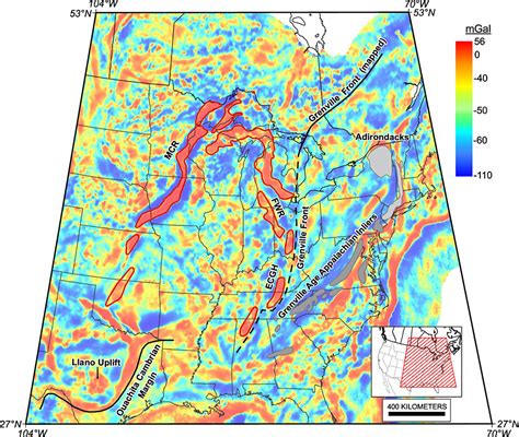 Gravity map showing Midcontinent Rift (MCR), Fort Wayne Rift (FWR), and East Continent Gravity High (ECGH). Grenville-age Appalachian inliers with Laurentia and Amazonia affinities are shown as light and dark gray regions. Grenville Front shown by solid line where observed and dashed line where inferred.. 