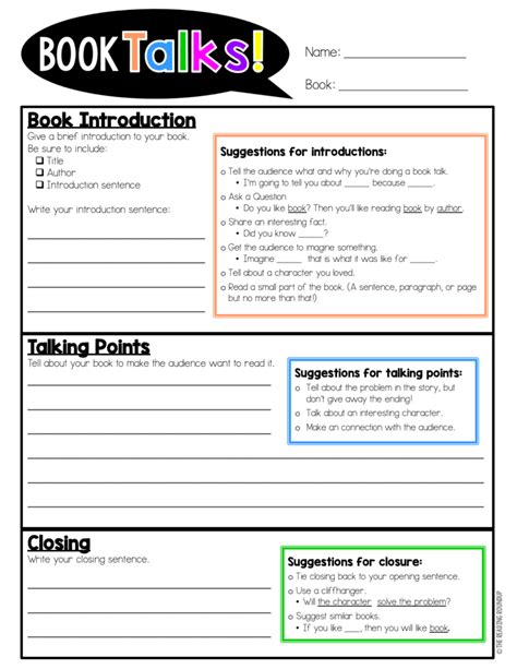 Middle school book talk forms