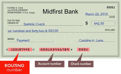 For eg., Your Midfirst Bank account number is 0000303087995 and the routing number is 303087995. Here 0000303087995 depicts your details as the account holder of Midfirst Bank and 303087995 represents the details of Midfirst Bank that is responsible for money going in and out of your account.. 