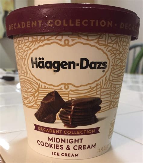 Midnight cookies and cream. How many calories inHaagen-Dazs Midnight Cookies & Cream Ice Cream ; Fat, 16 g ; Carbs, 30 g ; Fiber, 1 g ; Protein, 5 g ; Swimming. 23 minutes. 