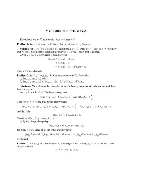 Midterm Exam With Problem Solution Real Analysis Math 4100 Docsity